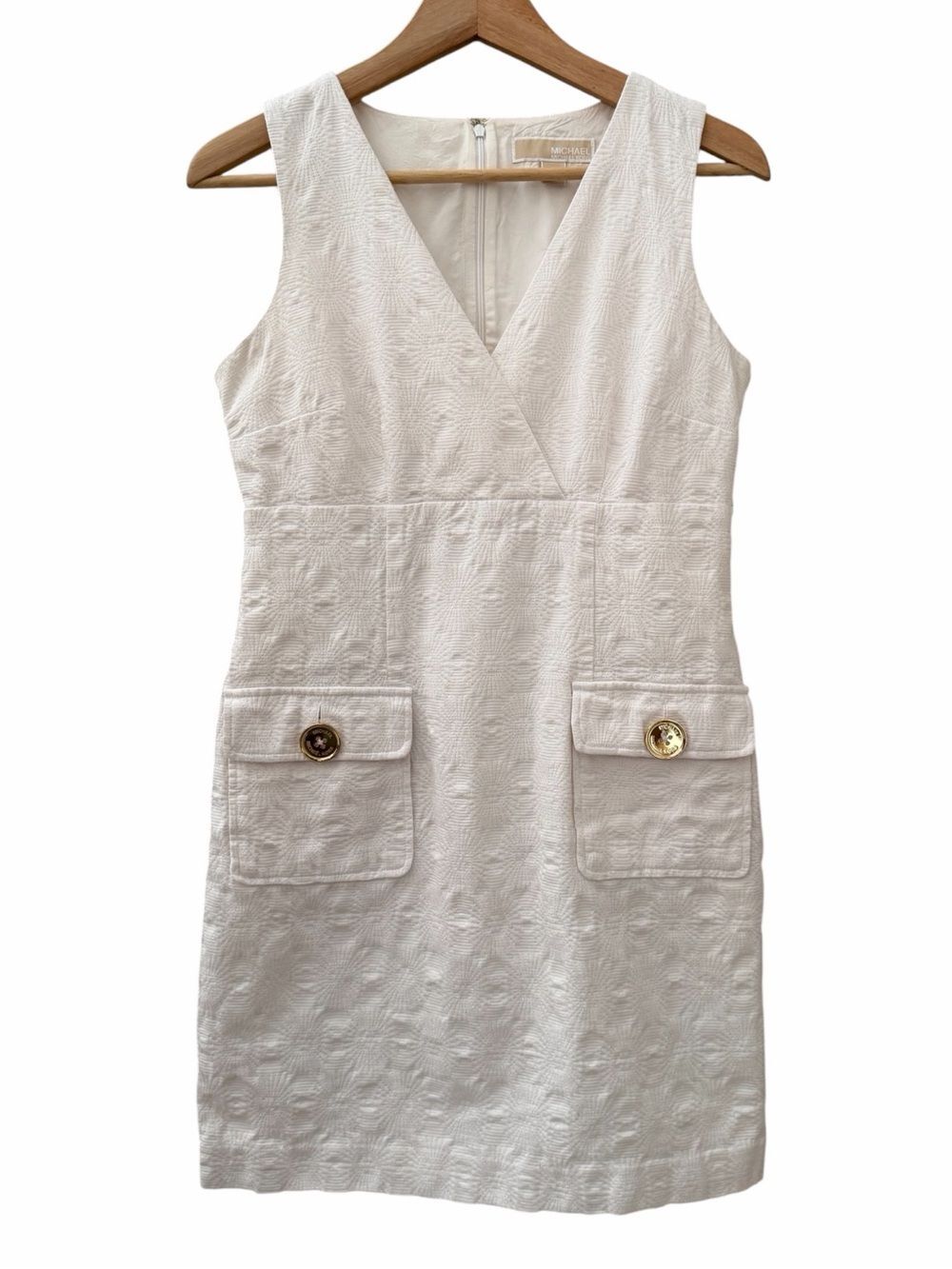Michael Kors Sleeveless Mini Sheath Dress Sz 4 White Surplice V Neck Pocket Zip